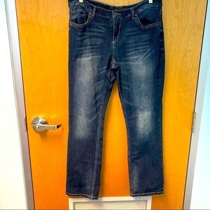 POINT ZERO Sz 34 Emma Jeans Mid-Wash Distressing free Wiskering Straight Leg